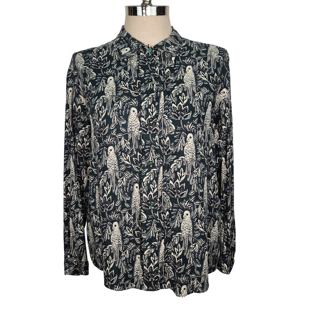 Acote Womens Bird Floral Print Viscose Button Down Blouse Shirt Teal White L